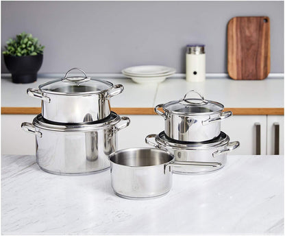 Basics 9-Piece Stainless Steel Induction Cookware Set – Pot with Lids, Saucepan and Casserole