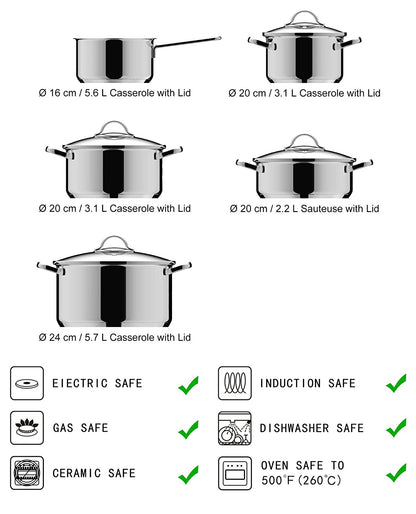 Basics 9-Piece Stainless Steel Induction Cookware Set – Pot with Lids, Saucepan and Casserole